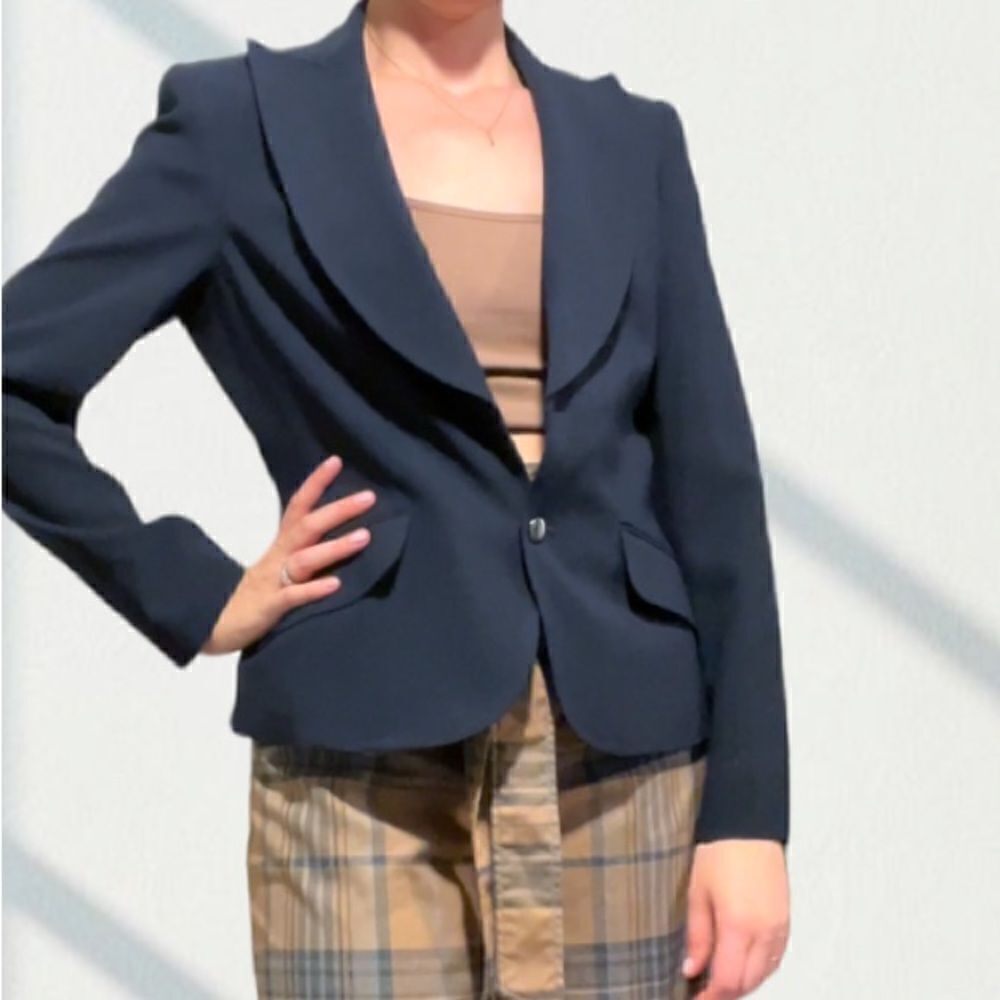 Anne Klein Womens Navy Blue‎ Single Breasted Pockets Basic Blazer Jacket